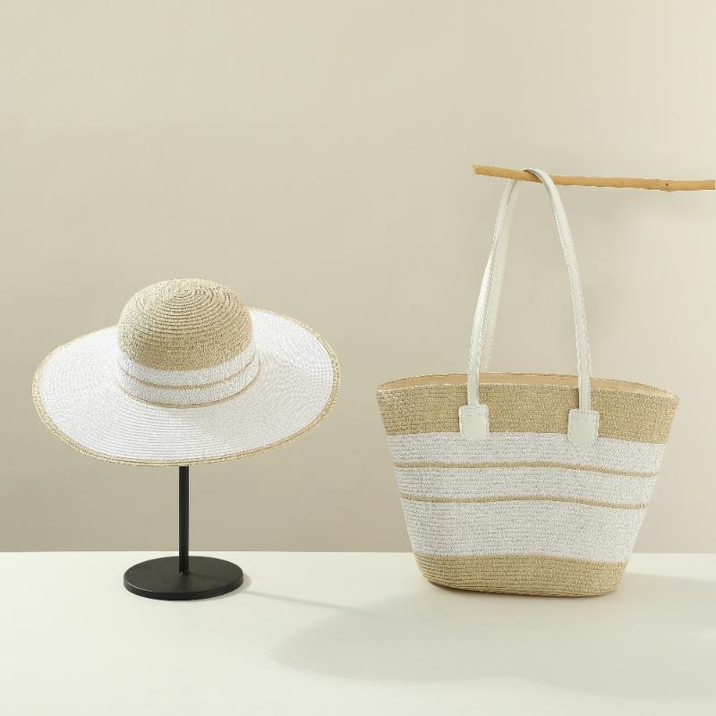 Straw Hat Tote Bag Set Adjustable Wide Brim Sun Hat Sturdy Woven Handbag 2Pcs for Women Outdoor Summer Activities