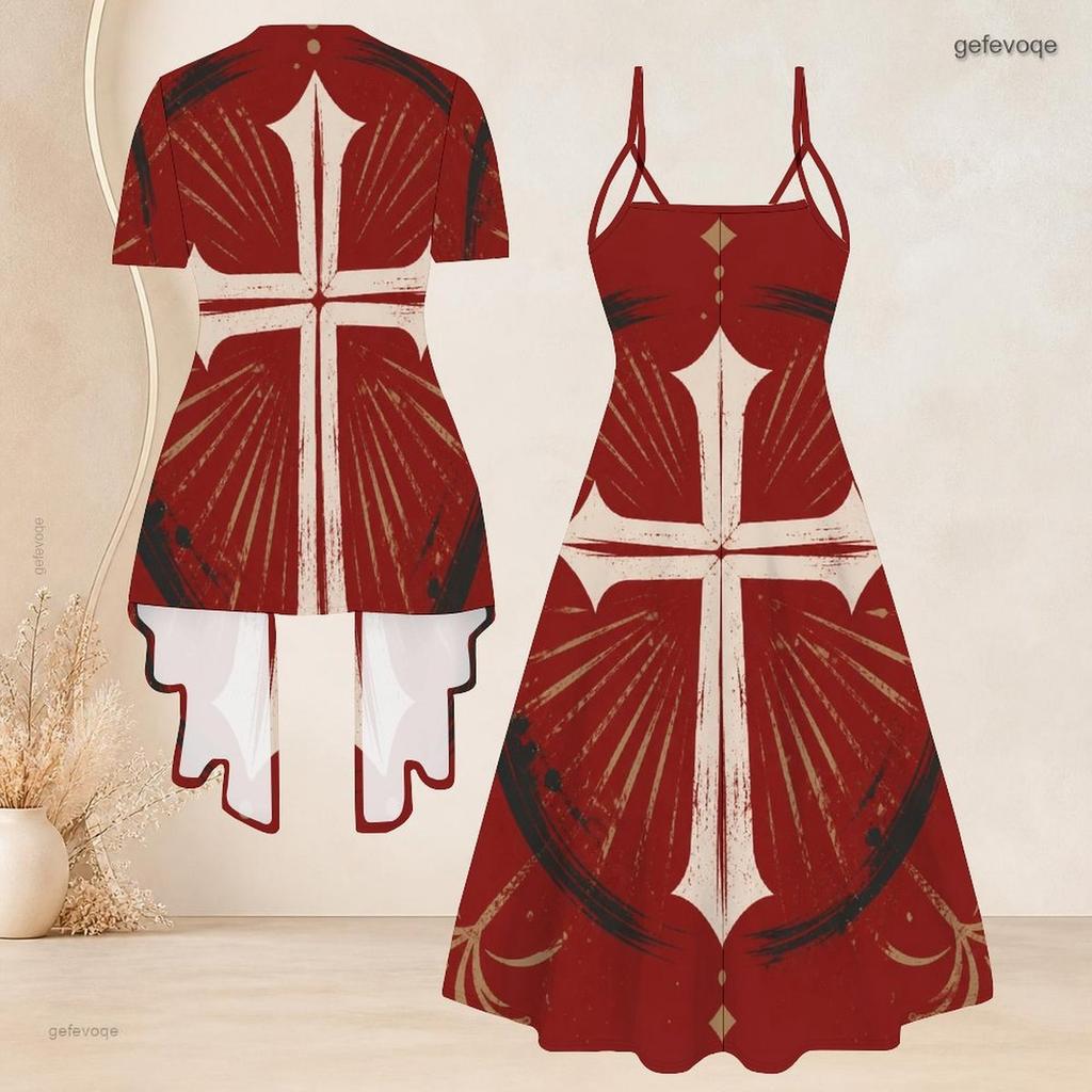 Женский комплект из двух предметов большого размера: открытый кардиган с короткими рукавами, платье с V-образным вырезом на бретельках, расклешенное, с принтом, красно-сине-белый