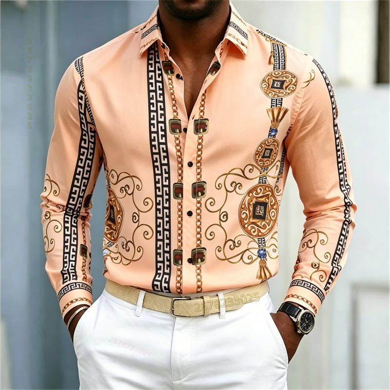 Новая Мужская Рубашка Стиль Дворца Черно-Золотой Узор Печатная Стройнящая Рубашка с Длинным Рукавом Модная Повседневная Мужская Одежда