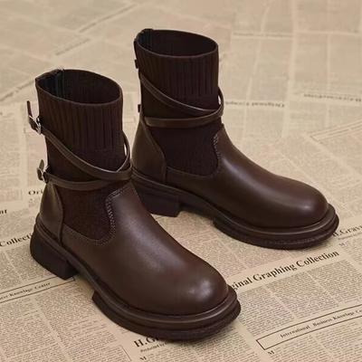Распродажа женской обуви 2024 года, фирменные женские сапоги с пряжкой, осенние, с круглым носком, однотонные, короткие, на толстом каблуке, модные, эластичные сапоги