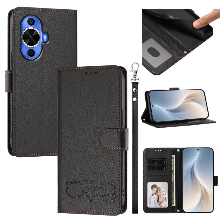 Happy Heart Pattern Magnetic Closure Vegan Leather Phone Case with Wrist Strap For Huawei Mate 60