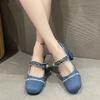 Fashion Round Toe High Heel Sandals Women Denim Cloth Pearl Metal Chain Decor Single Shoes Slingback Pumps Spring Retro Party Blue Shoes