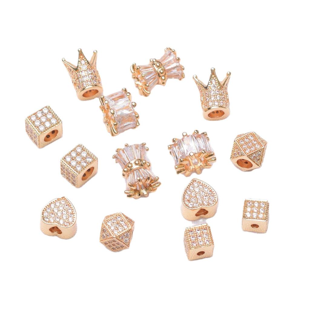 10 шт. Сохранение цвета 18-каратного золота микро-инкрустированные циркониевые бусины в форме короны и любви, маленькие бусины на талию, аксессуары для браслета своими руками из бисера