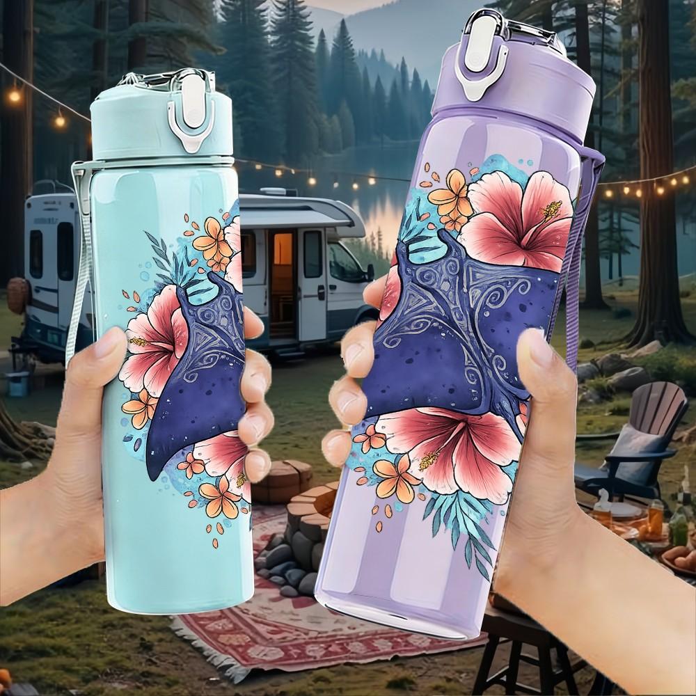 1PC Blue Butterfly Flower Art Print 750ml Color Plastic Sports Water Bottle Leakproof Flip Straw Lid Suitable for Sports Office Home Use