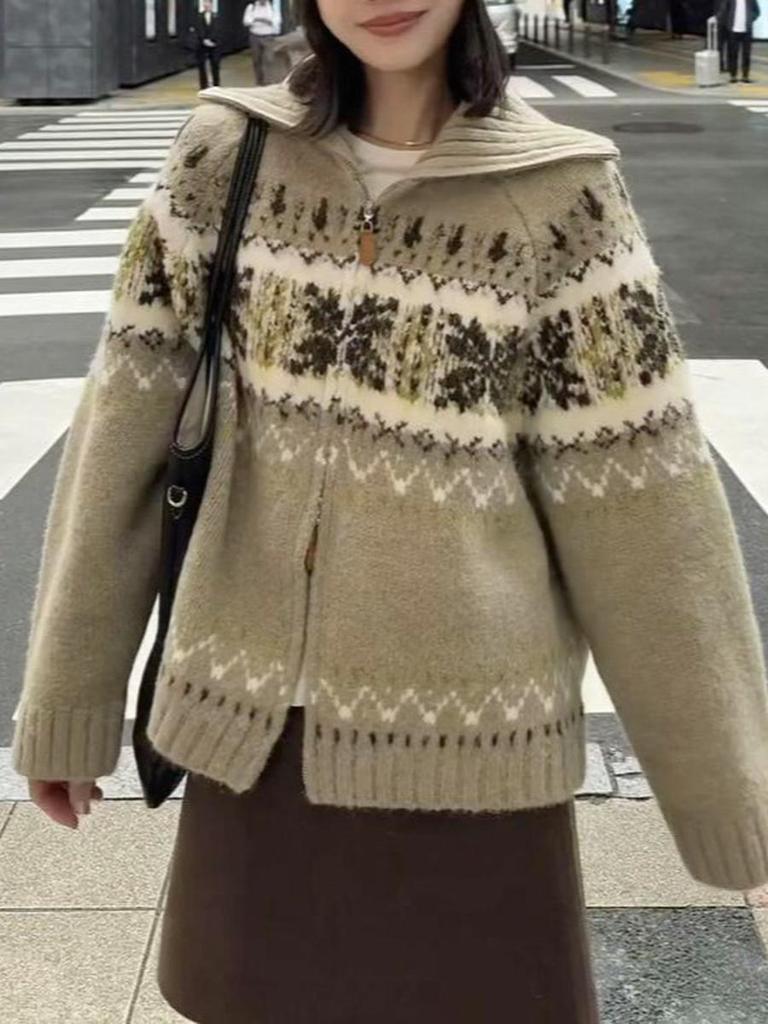 Женский кардиган-свитер Sw из исландской шерсти, с узором Fair Isle и цветовыми блоками, на молнии, зимний, новый стиль, S4MY064