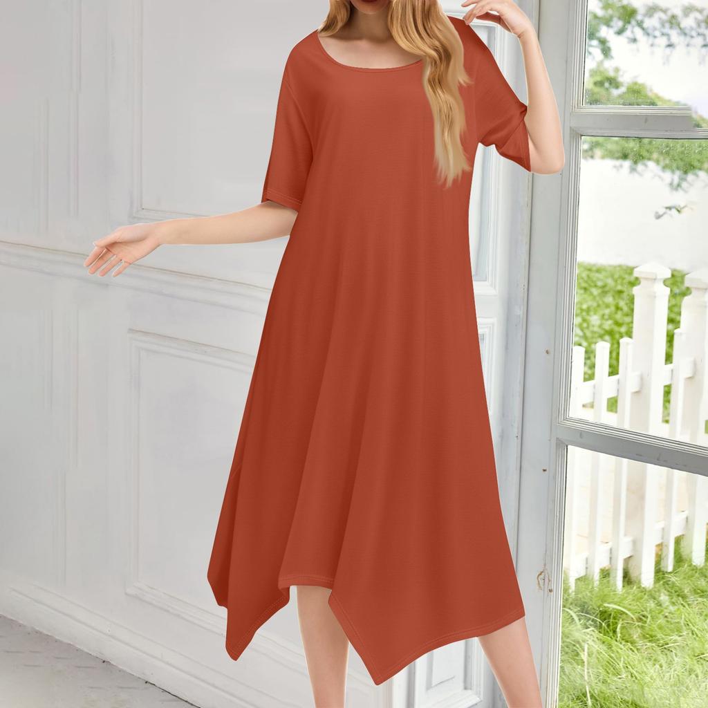 Женское повседневное модное платье миди с круглым вырезом и коротким рукавом, однотонное, с неровным подолом