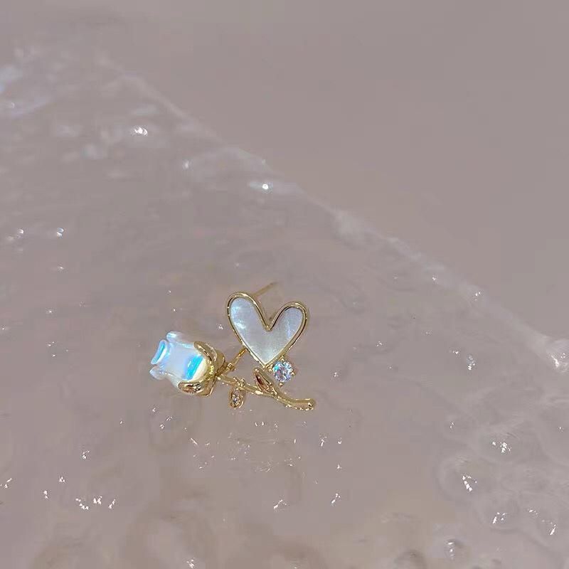 ANENJERY Асимметричные серьги-гвоздики из ракушки с цирконом в виде сердца и розы, французские нежные женские серьги aretes de mujer