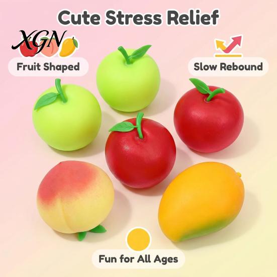 Hand Therapy Ball 6Pcs Fruit Squeeze Toys for Stress Relief Soft TPR Satisfying Fidget Palm Kneading Toy Sensory Cute Colorful Kids Teens Adults