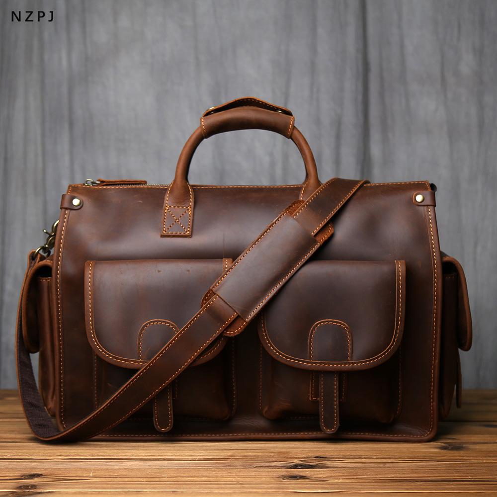 NZPJ Ретро Мужской портфель из натуральной кожи Сумка-портфель из кожи КРС Верхний слой Кожа Crazy Horse Сумка через плечо для ноутбуков 16 дюймов