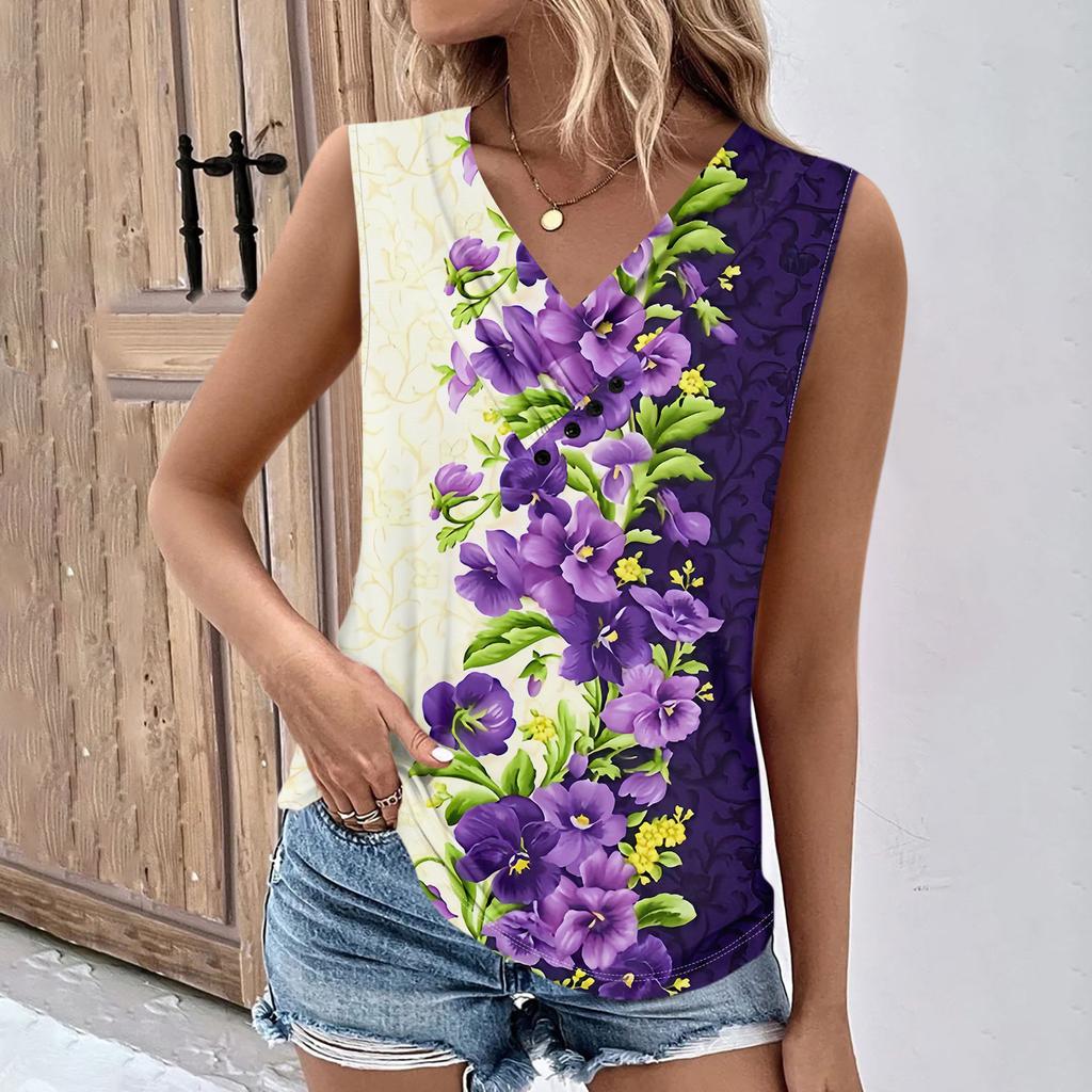 Летние женские топы на бретелях с v-образным вырезом, повседневные рубашки без рукавов с принтом, повседневные свободные плиссированные футболки, футболки, женская блузка