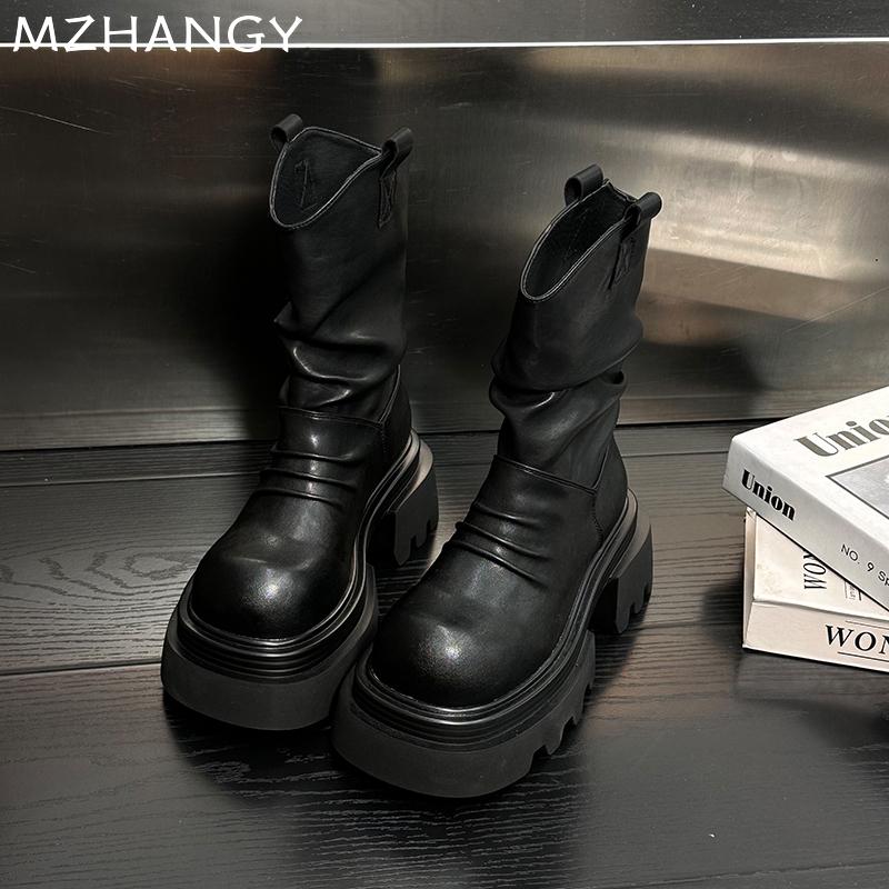Модные женские кожаные ботильоны на платформе, массивные плиссированные туфли, женская тенденция 2025 года, модные зимние новые зимние ботинки челси, готические женские ботинки