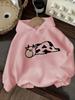 2025 Autumn and Winter Women's Pink Cow Print Hooded Sweatshirt Cow Face and Heart Design Pullover Casual Pattern Fashion Y2K