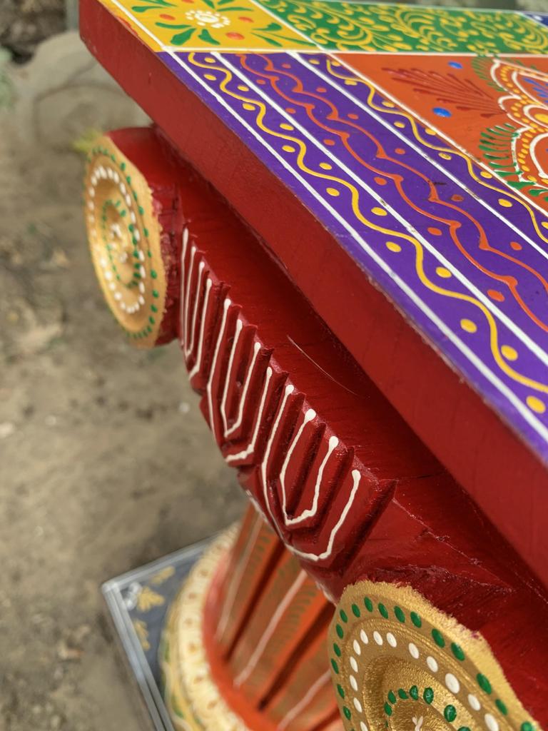 Hand Painted Wooden Chowki Pedestal Table | Indian Folk Art Statue Stand