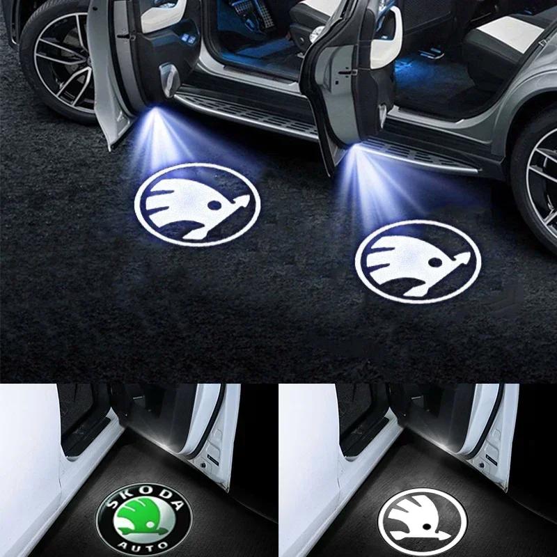 2PCS Car Door Welcome Courtesy Logo Lights Ghost Projector Shadow Lamps for Skoda VRS Fabia Octavia Roomster Superb Accessories BS2