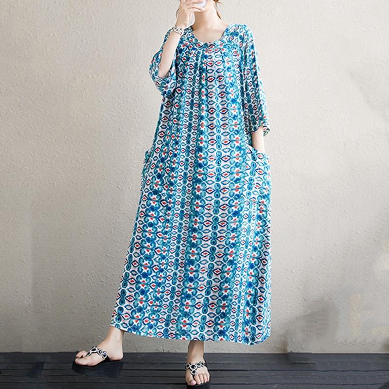 Новое хлопковое платье больших размеров с коротким рукавом и цветочным принтом для женщин, повседневное свободное длинное летнее платье