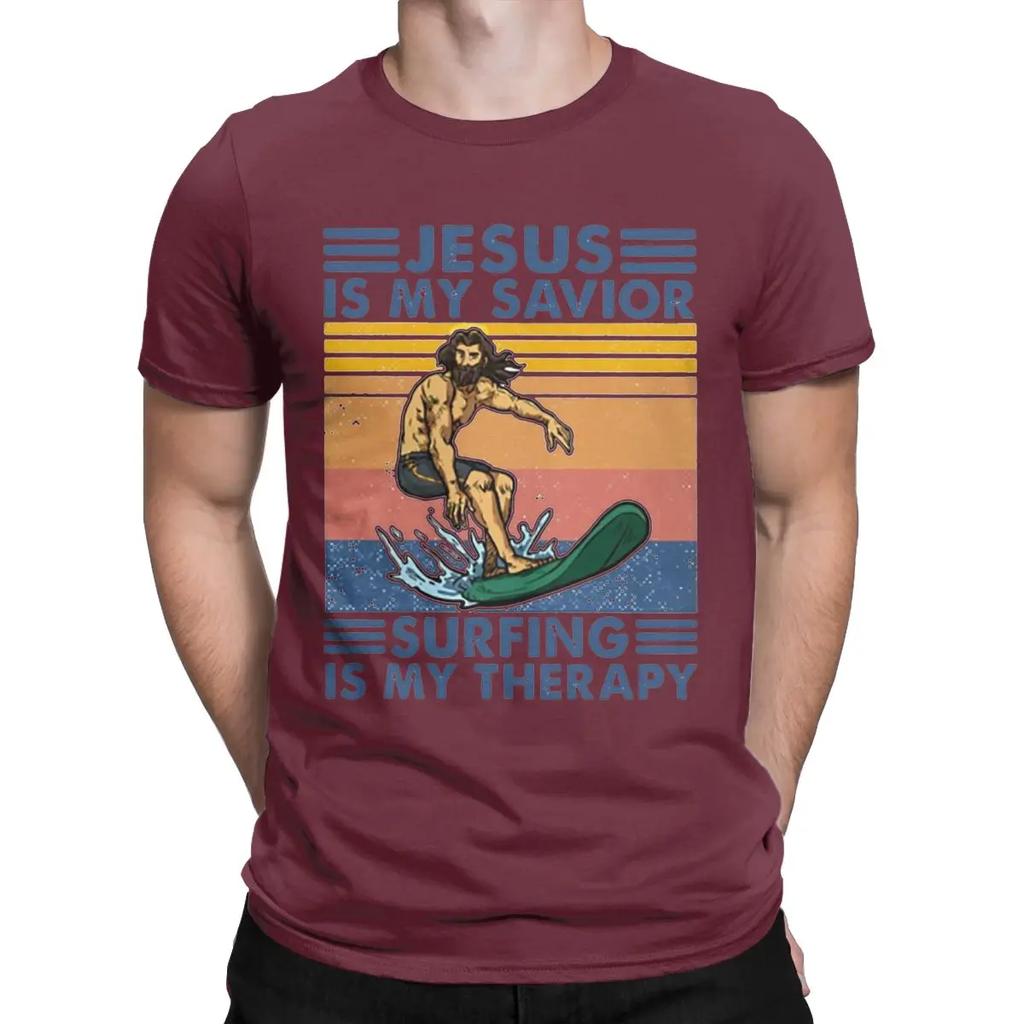 Jesus Is My Savior Surfing Is My Therapy T-Shirt Men Leisure Cotton Tees Crewneck Short Sleeve T Shirt Gift Tops