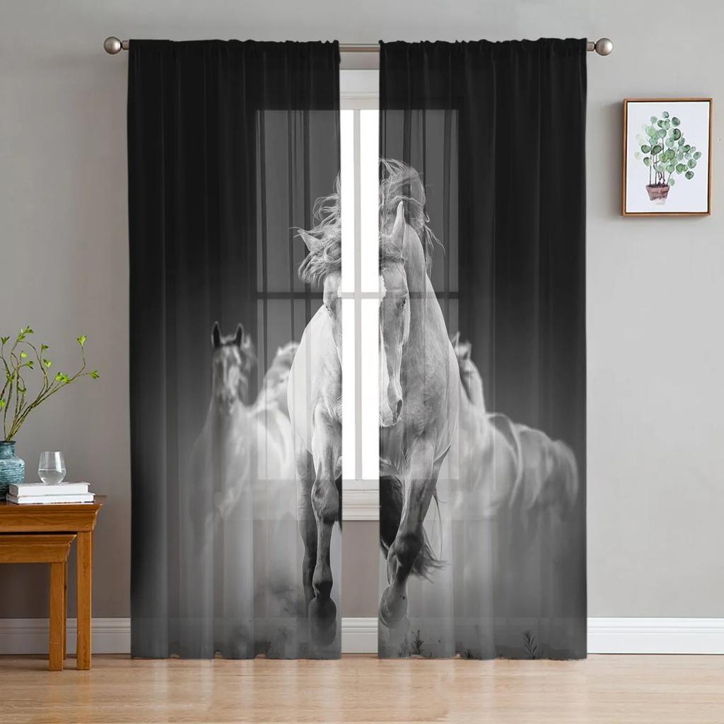 Running Horse Animal Sheer Curtains Living Room Window Tulle Curtains For Bedroom Kitchen Home Decoration Voile Drapes