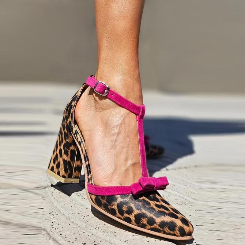 Модные Женские Туфли на Высоком Каблуке Леопардовый Принт Цветные Блоки Пряжка-Бабочка с Толстым Каблуком Женская Обувь