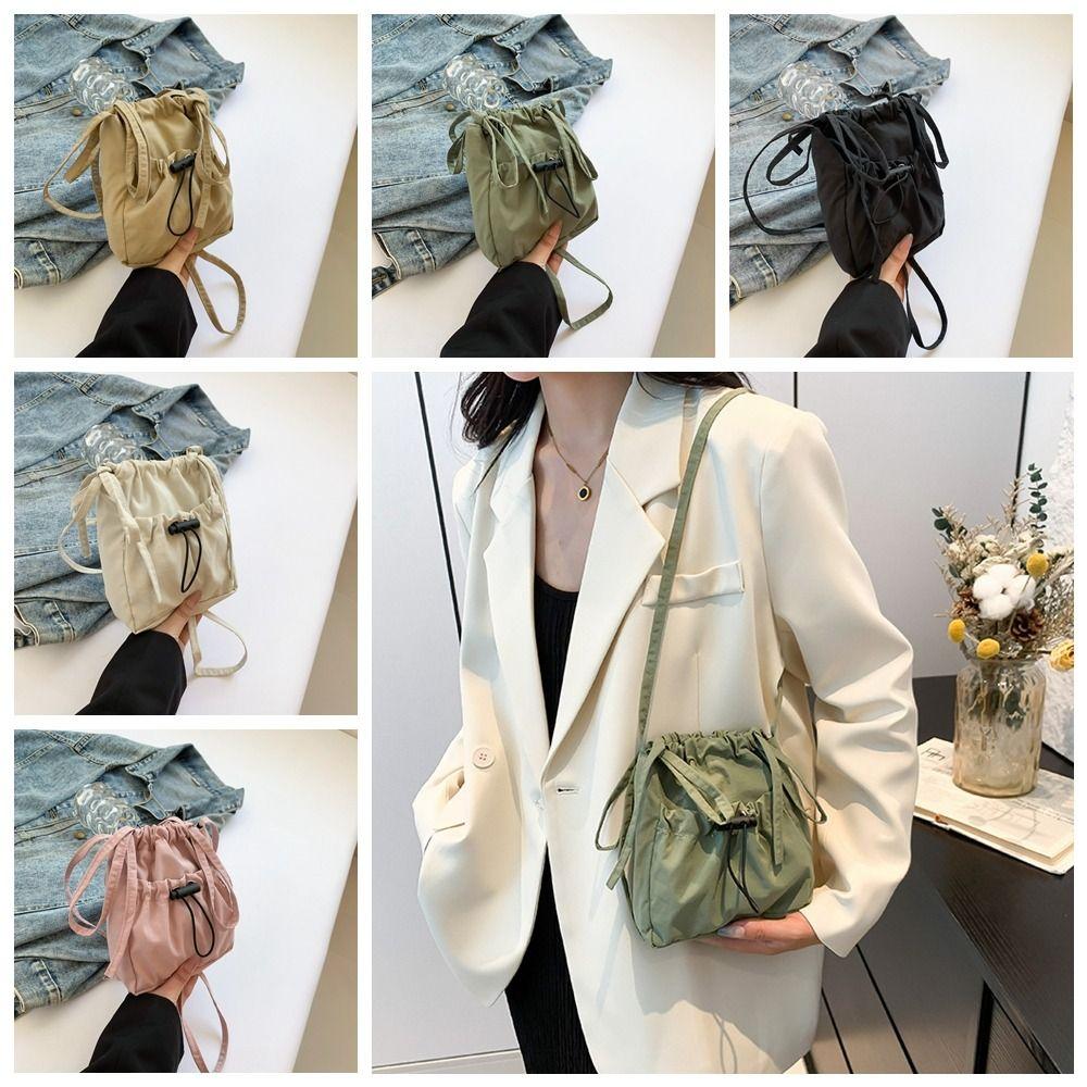 Korean Style Drawstring Canvas Bag Purse Mobile Phone Bag Casual Nylon Shoulder Bag Outdoor
