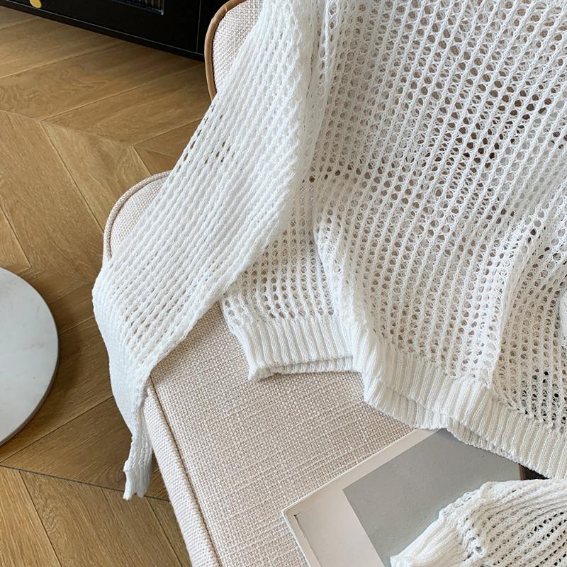 Модный свободный ажурный солнцезащитный вязаный свитер для женщин, осенний тонкий длинный рукав, круглый вырез, трикотаж, женские элегантные повседневные свитера 24799