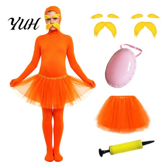 Full Coverage Suits Orange Bodysuit, with Tulle Skirt, Fake Belly, Yellow Mustache & Eyebrows, Halloween Cosplay Jumpsuit Open Face Zentai Suit,
