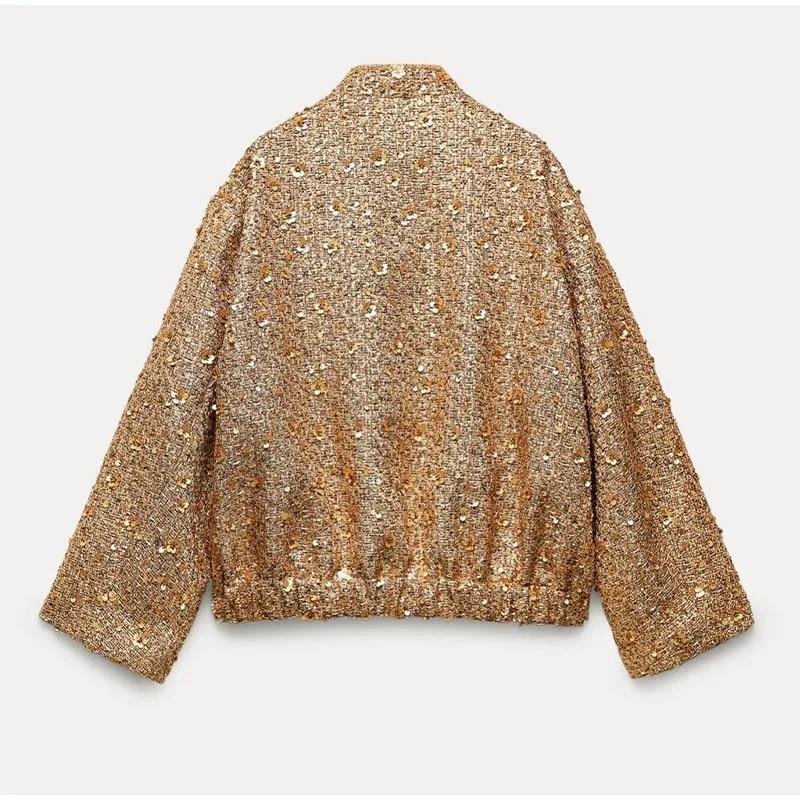 Блестящая куртка с воротником-стойкой и блестками для женщин 2023, осень-зима, с длинным рукавом, золотого цвета, повседневное свободное женское пальто, шикарное карманное модное уличное пальто, винтажное пальто