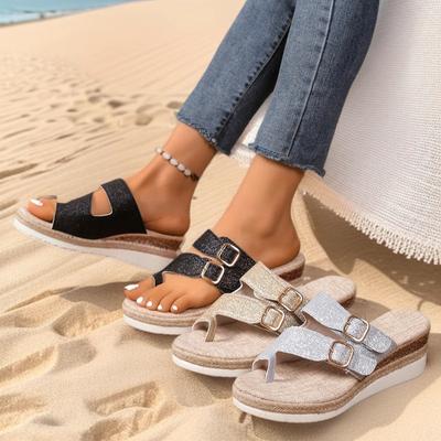 Модные резиновые шлепанцы женская обувь женские тапочки на танкетке низкой платформе гавайские 2025 лето девушка рим хлопок ткань шлепки каблук