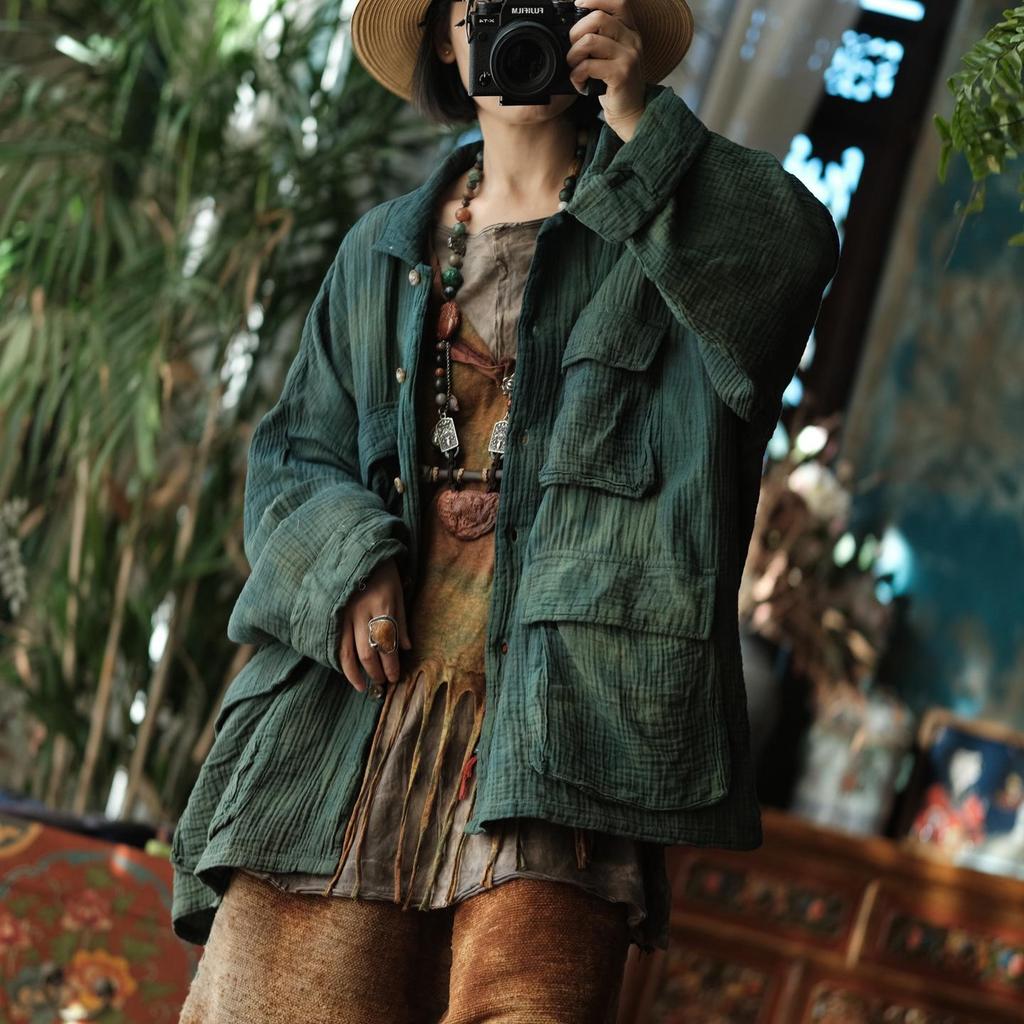 Древний грязно-зеленый хлопково-льняной пиджак в китайском стиле, ретро, с лацканами