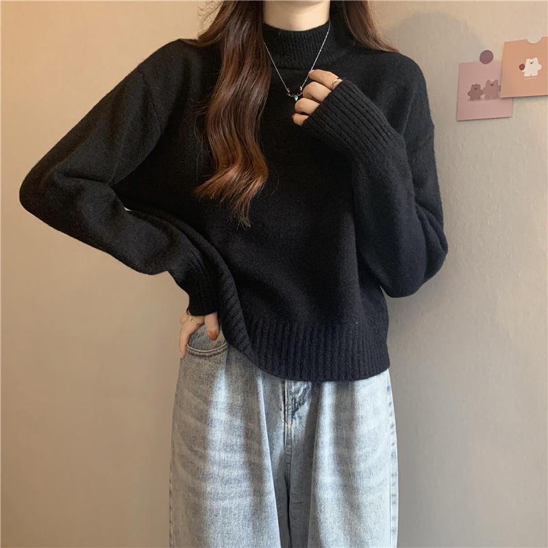 Корейский однотонный свитер с полувысокой горловиной для женщин, короткий модный повседневный трикотаж с однотонным пуловером внутри для осени и зимы