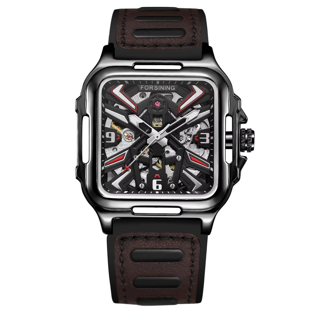 Luxury Square Transparent Skeleton Mens Watches Field Sports Rubber Band Mechanical Watch Luminous Waterproof Reloj Hombre 2024