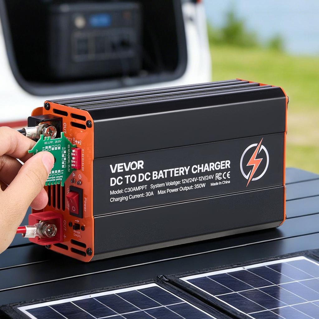 VEVOR DC to DC Charger with MPPT, 350W, 30A On-Board Battery Charger, Solar Panel/Alternator Dual Input