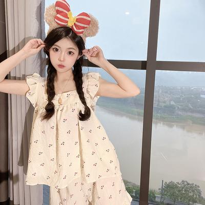 Пижама в корейском стиле для женщин, комплект из хлопчатобумажной марли с принтом вишни, топ с короткими рукавами + шорты, домашняя одежда с оборками, приятная для кожи