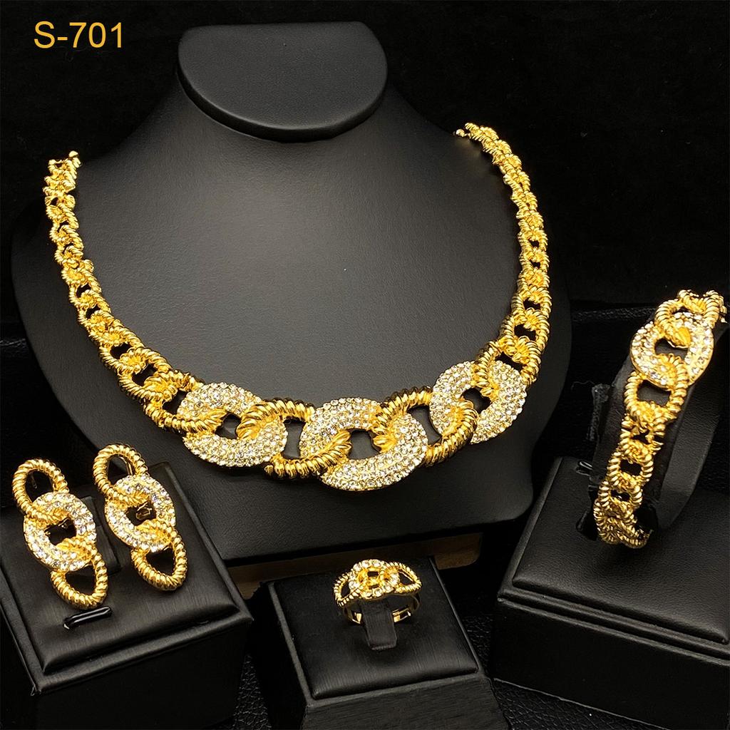 24K Gold Dubai Bridal Necklace Earrings Bracelet Ring India Nigeria Middle East Necklace Set