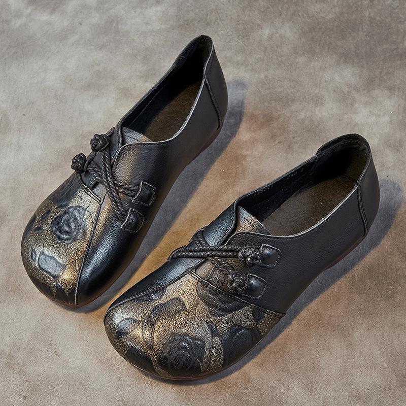 Johnature Туфли из натуральной кожи на мягкой подошве в этническом стиле, женские туфли без шнуровки на плоской подошве с круглым носком и принтом в стиле ретро