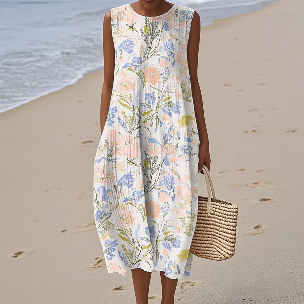 Women's Fashion Casual Sleeveless Round Neck Floral Elegant Temperament Dress