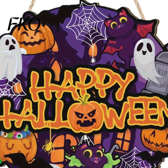 Waterproof Halloween Porch Sign Happy Wooden Door Hanger for Household Front Porch, Cute Ghost Pumpkin Sunproof Holiday Printed Hanging Plaque, Spooky