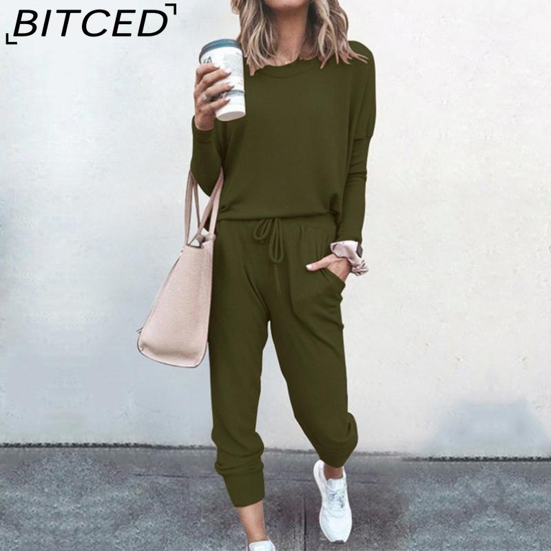 BITCED Весенне-осенний женский свободный однотонный повседневный костюм с длинными рукавами и длинными брюками