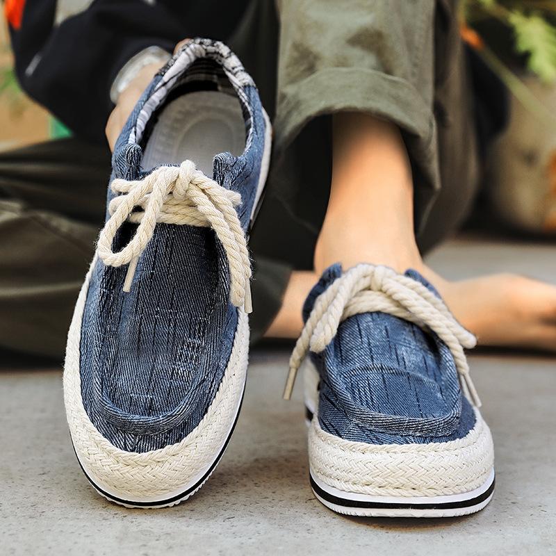 Men's Shoes Summer Washed Denim Board Shoes Student Hip Hop Korean Version Casual Flat Canvas Shoes Straw Fisherman Shoes