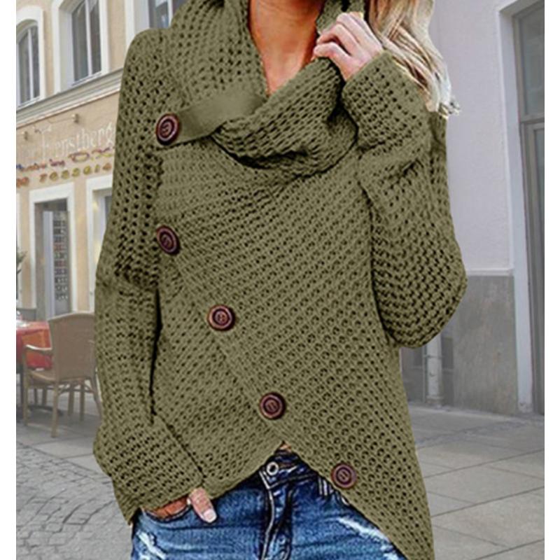 Осенне-зимняя мода, новый свитер с высоким воротником и длинным рукавом, нерегулярные пять косых пуговиц, трикотаж