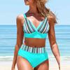 Women's Hanging Neck Style Swimsuit Blue Graffiti Print Bikini Tankini Swimsuit