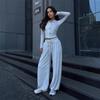 Womens Solid Color Long Sleeve Zip-Up Hooded Cardigan With Drawstring Wide Leg Pants Set Casual Streetwear Outfit