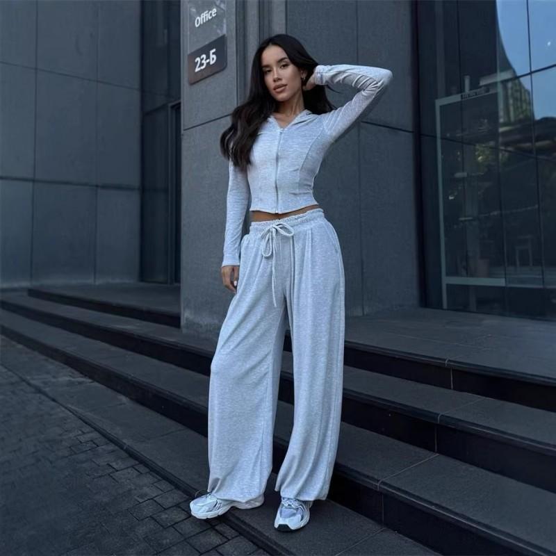 Womens Solid Color Long Sleeve Zip-Up Hooded Cardigan With Drawstring Wide Leg Pants Set Casual Streetwear Outfit