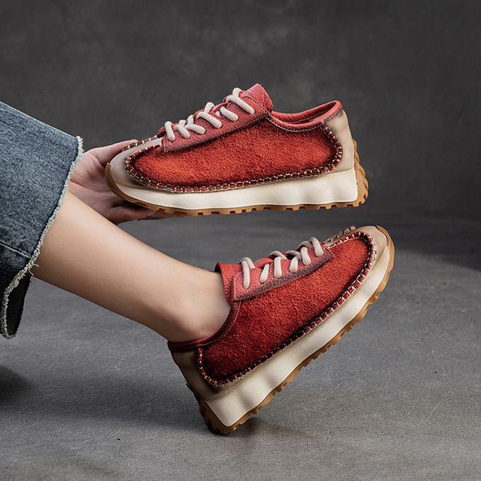 Johnature Retro yumaloq burunli haqiqiy charm krossovkalar ayollar poyafzali kundalik va ko'p qirrali yumshoq taglikli sport poyafzali