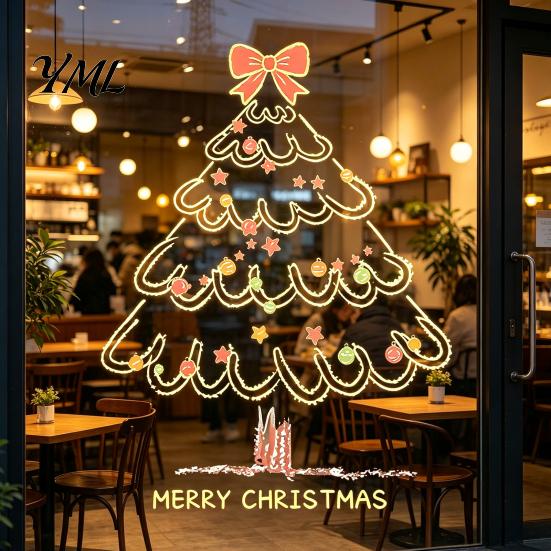 Reusable Static Clings Christmas Tree Window Sticker, Simple Line Cling Decal, Waterproof Holiday Ornaments Removable Festive PVC Decal for Home Glass