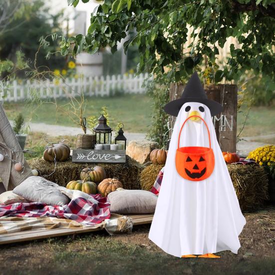 Костюм Призрачного Гуся Хэллоуин Одежда для Гуся на Крыльцо со Шляпой Ведьмы и Ведром-Тыквой для 23" Статуи Гуся Наружное Украшение для Патио Двора Газона