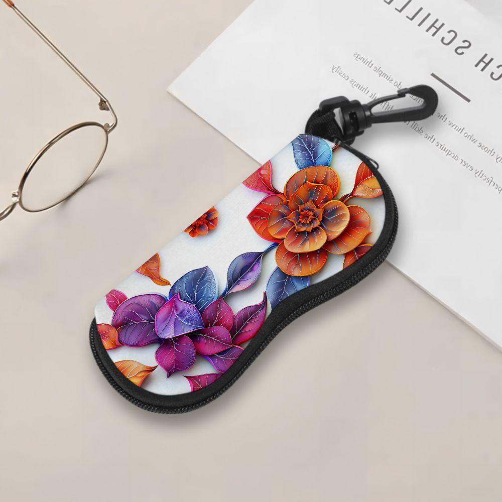 2D-Vibrant Floral Print Protective Eyewear Holder, Stylish Sunglasses Case, Portable Flower Pattern Spectacle Pouch, Travel Zipper Eyeglasses Box