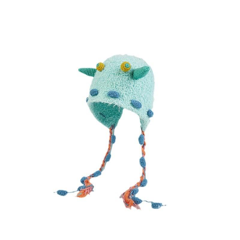 Hand crocheted cute little monster plush hat women's autumn and winter warm ear protection hat big head circumference funny cycling bag head hat