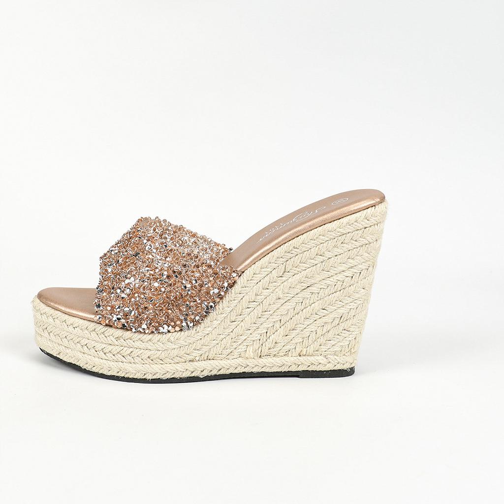 Женская пикантная плетеная пеньковая веревка на танкетке 10,5 см, простой наклонный каблук, водонепроницаемая модель тележки со стразами, прицеп LFD-11013-2