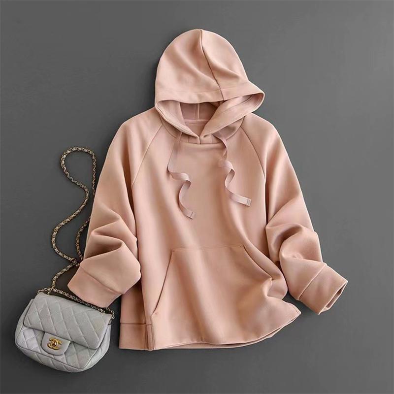 Женская толстовка, повседневная свободная толстовка с карманом, модный топ, однотонный пуловер с длинными рукавами и шнурком