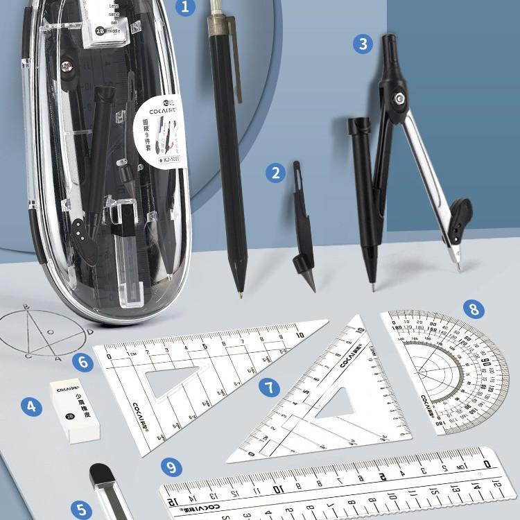 Набор геометрии из 9 предметов для школы: Компас, Транспортир, Линейка, Угольник и другое
